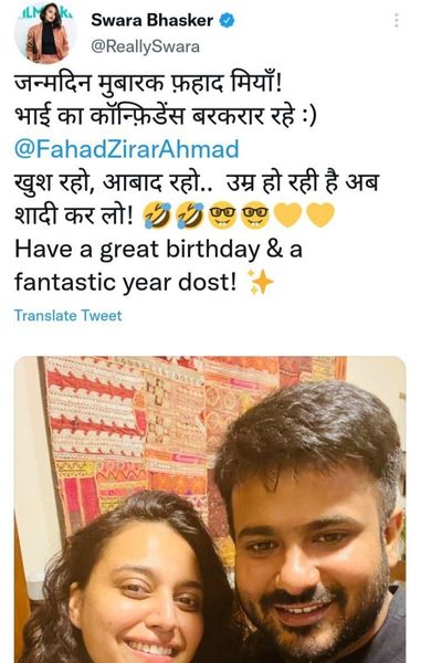 A tweet by Swara Bhaskar stating Fahad Ahmad their brother