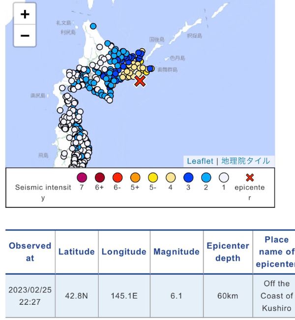Locational info of earthquake spot in Japan