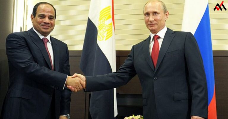 Egypts and Russian government shaking hands with both countries flags in background showing relation relation