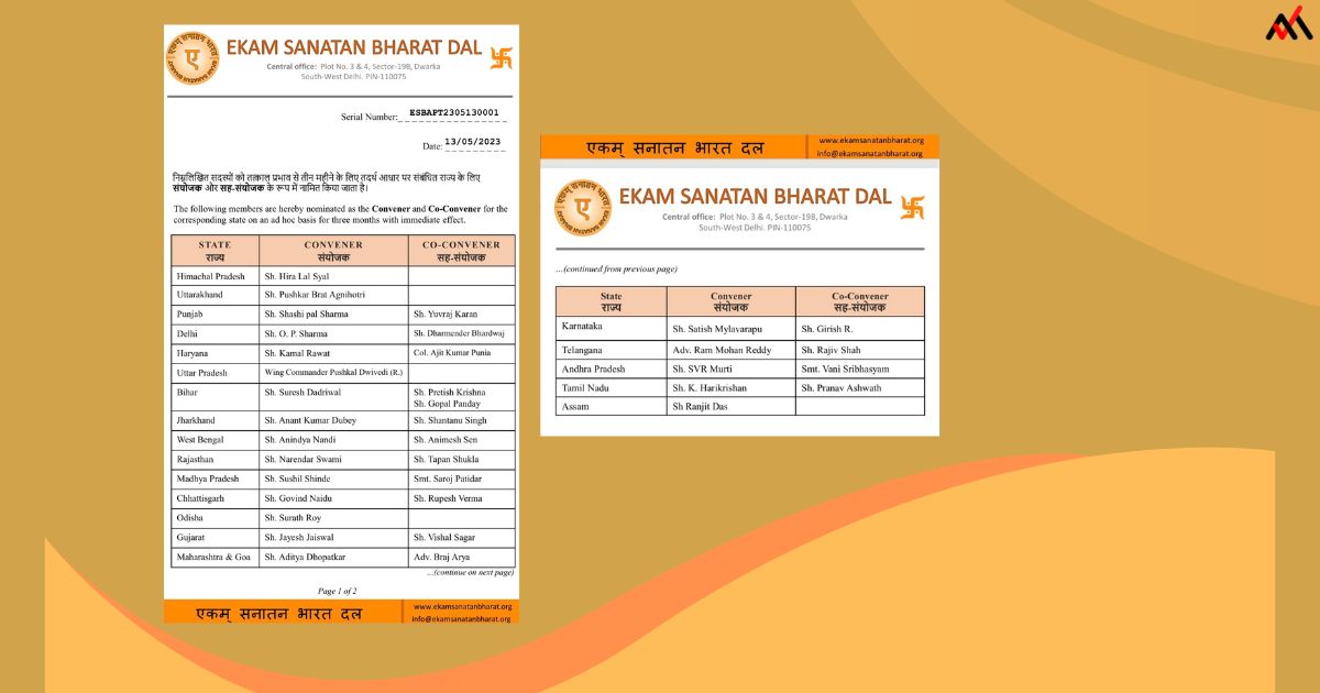 Ekam Sanatan Bharat Dal has announced the Conveners and Co-Conveners list