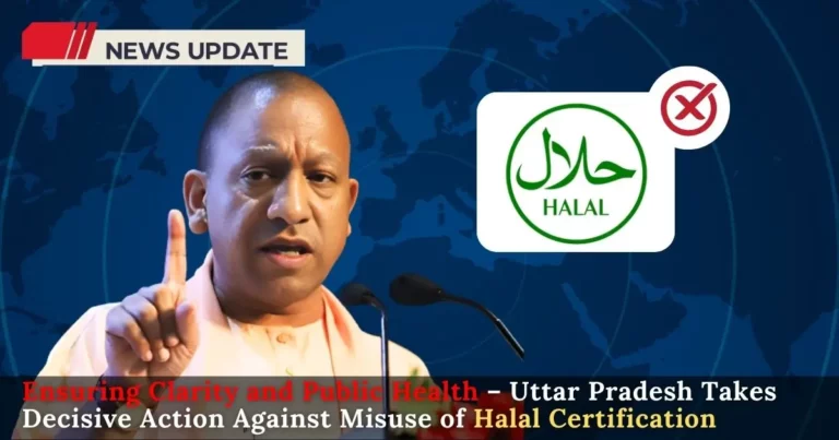 Uttar Pradesh government's bold decision to ban Halal certification for non-export products. The image captures the essence of the news with a juxtaposition of Halal certification symbols.