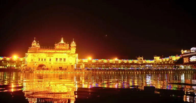 Golden Temple aglow with vibrant lights, celebrating the auspicious occasion of Guru Nanak's birth anniversary