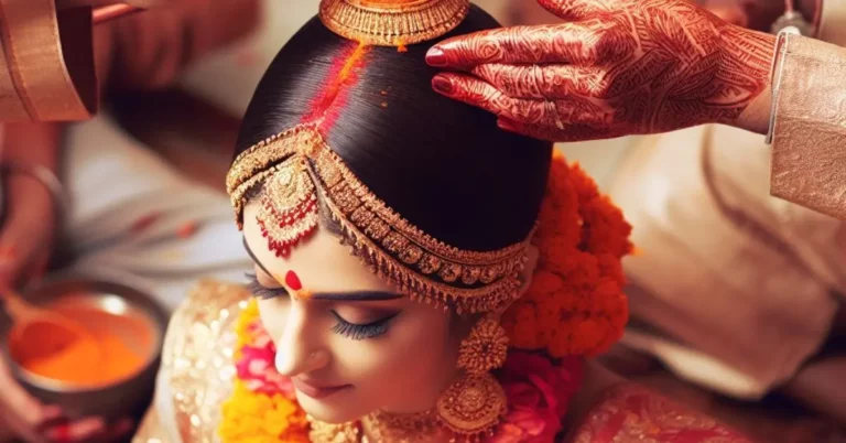 Application vermilion on the bride's head, a ritual in Hindu Marriages
