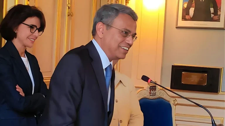 Jawed Ashraf, Indian Ambassador to France and Monaco, during the inauguration the exhibition on '100 years of India at Olympics' sponsored by JSWS Ports India, alongside Minister of Culture Rachida Dati.