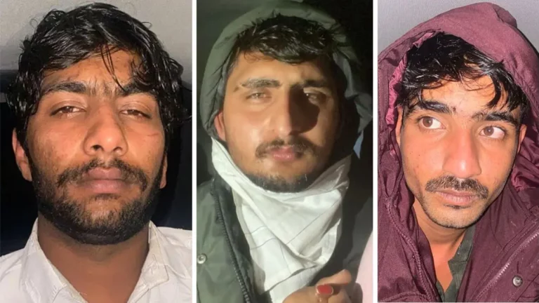 Captured Culprits: Accused in Karni Sena Chief's Murder in Police Custody. In this image, the alleged shooters, Rohit Rathore, and Nitin Fauji, along with their associate Udham, are being taken into custody by the Delhi Police Crime Branch.