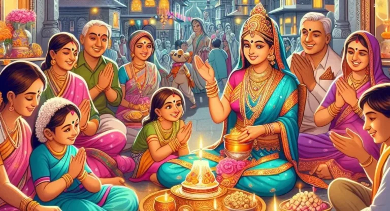 Families celebrating the Kojagara festival in Mithila, worshiping Goddess Lakshmi under a full moon with traditional decorations and festive foods.