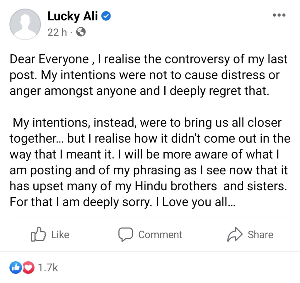 Lucky Ali's Controversial Facebook Post