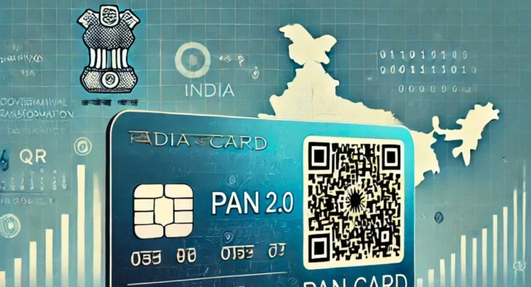 Illustration of India's PAN 2.0 card featuring a QR code and modern design, symbolizing digital transformation in taxpayer services.