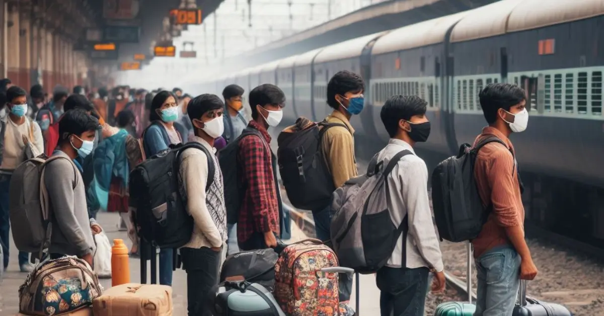 Passengers gathering on platform waiting for the train in India