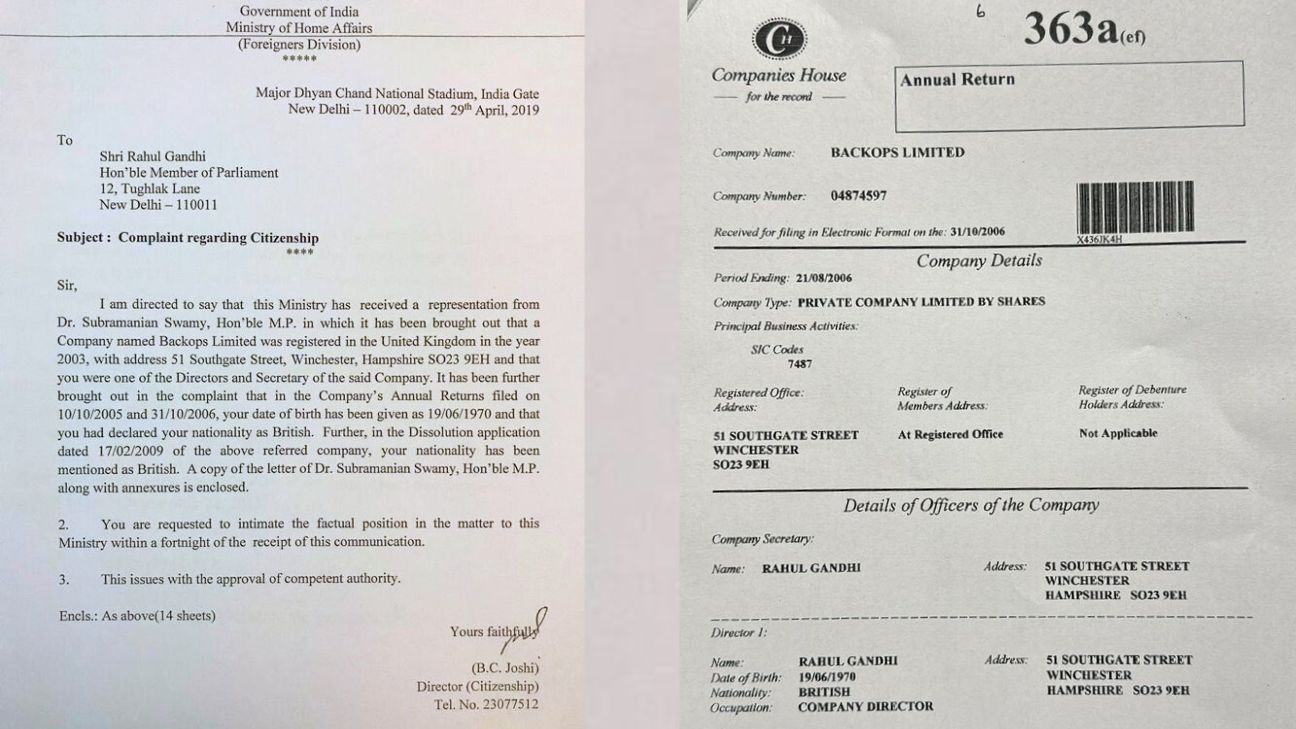 Documents shared by Subramanian Swamy alleging Rahul Gandhi's British citizenship, showing records of his British Citizenship acquisition in 2003 and Annual Return filed with the British Government as a British citizen.