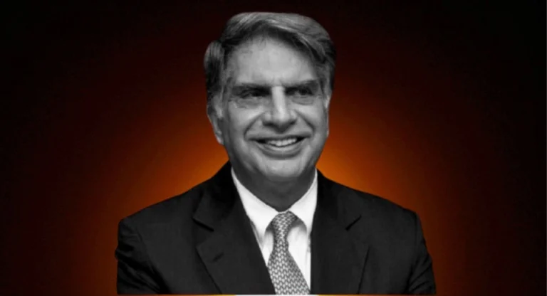 Black and white image of Ratan Tata, an iconic Indian industrialist, with a tribute banner from Mithila Media Group.