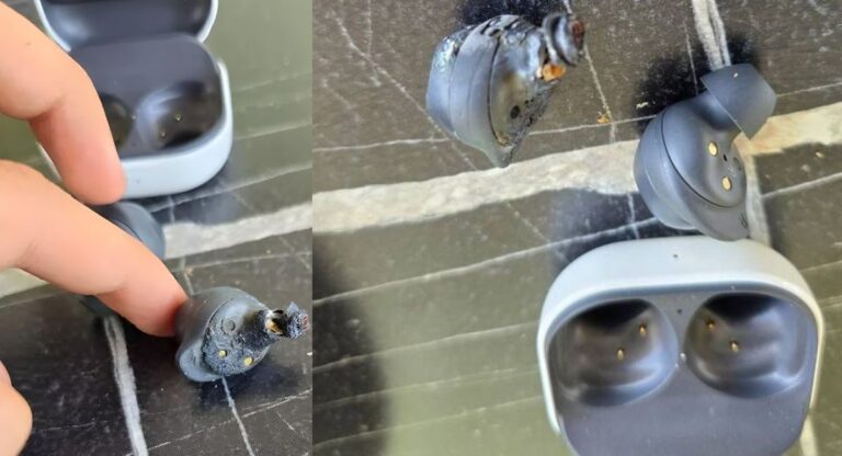 Exploded Samsung Galaxy noise cancellation Earbuds after malfunction.