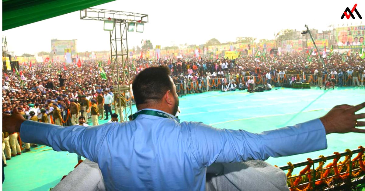 Tejashwi Yadav addressing a public rally in Purnia, Bihar
