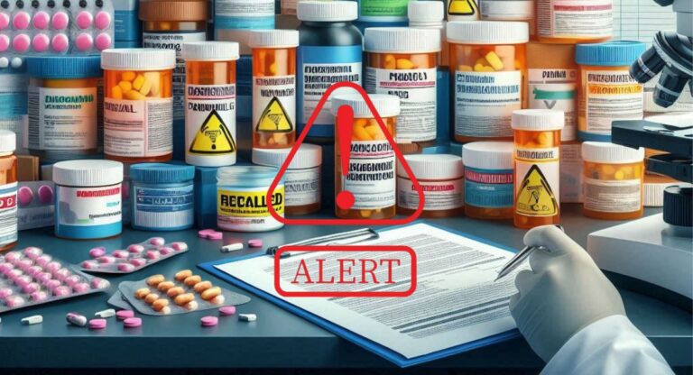 Medical professionals examining recalled prescription medicines including Pan-D, Paracetamol, and vitamins in a lab after CDSCO issues an alert for substandard drugs.