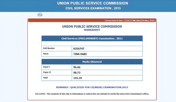 Union Public Service Commission marksheet of Tina Dabi