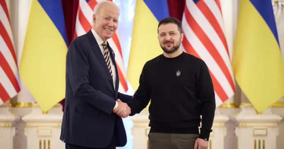 Ukraine's President Joe Biden and Volodymyr Zelensky Shaking Hands in Kyiv, Ukraine