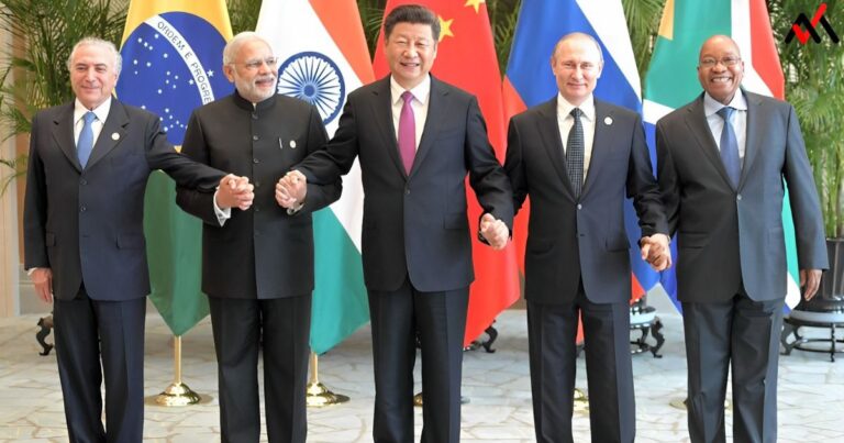 World leaders standing together with their national flags, representing the rising economic power of BRICS