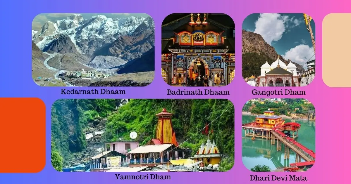 Famous temples of Uttarakhand, Kedarnath Dham, Badrinath Dham, Gangotri Dham, Yamunotri Dham, Jageshwar Dham, Tungnath Dham, Neelkanth Mahadev, Girja Devi Mata, Chitai Golu Devta Mandir, and Dhari Devi Mata.